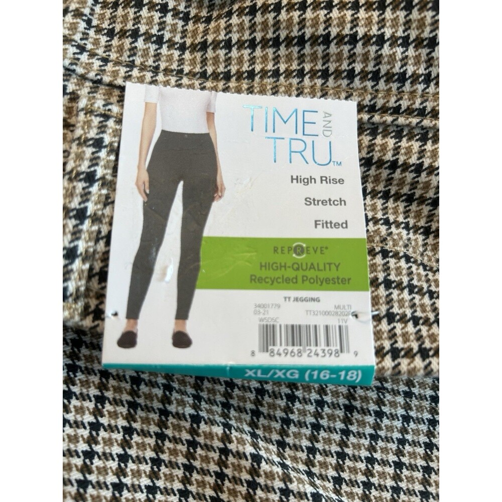 TIME & TRU Women's High Rise Stretch Fitted Core Jeggings Khaki Plaid Print XL